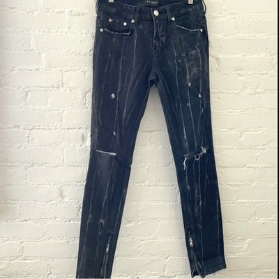 Pacsun Jeans Black Streaked Distressed Denim Ankle Zip Size 28 Punk Grunge Goth