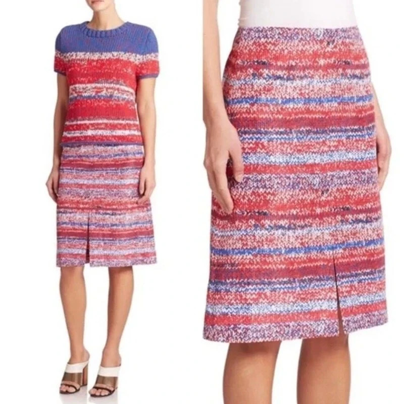 Tory Burch Red Blue Brilliant Mouline A-line Silk Skirt Striped Chevron Sz 2 NWT thumbnail 6