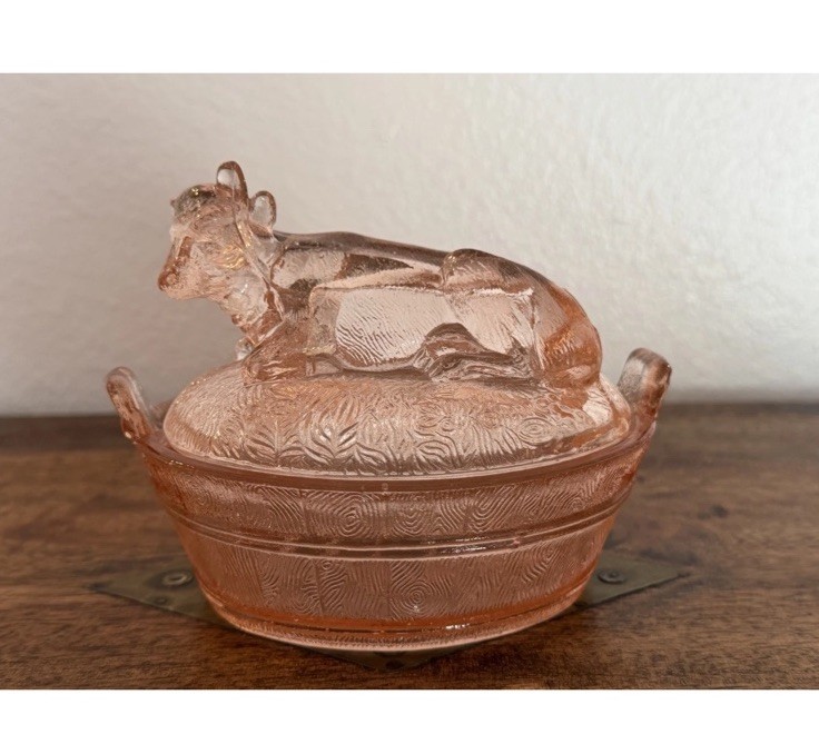 Vintage Pink Glass Cow On Nest Basket Candy Dish Trinket Box