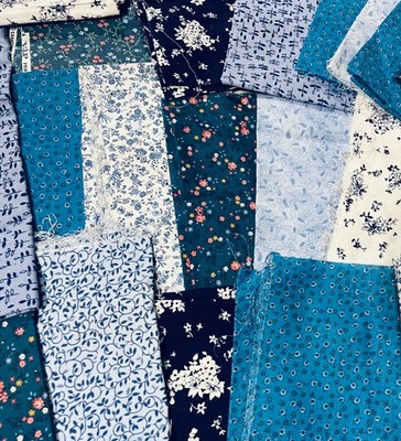 LOT 22 PIECES BLUE SHADES COTTON/BLEND FABRIC REMNANTS STASH BUILDER QUILT CRAFT