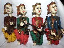 4 Vintage Hand Carved Hand Painted Thai Art Musicians 10"