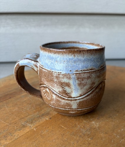 Beach Seashell Blue Brown Speckled Studio Art Pottery Mug 10oz Signed YSK