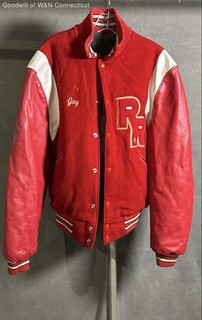 Vintage 70s Gerrells Red Wool Leather Varsity Jacket Jay RR Patch Sz 46