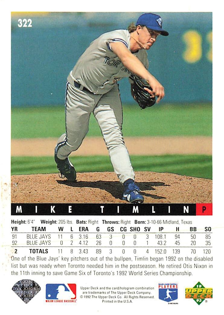 1993 Upper Deck Baseball #322 Mike Timlin - Blue Jays | eBay