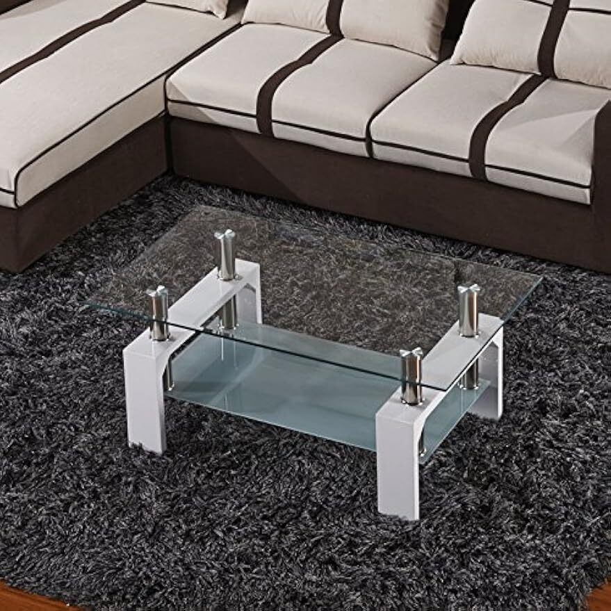 Rectangle Glass Coffee Table-White Modern Side Coffee Table Lower Shelf Metal