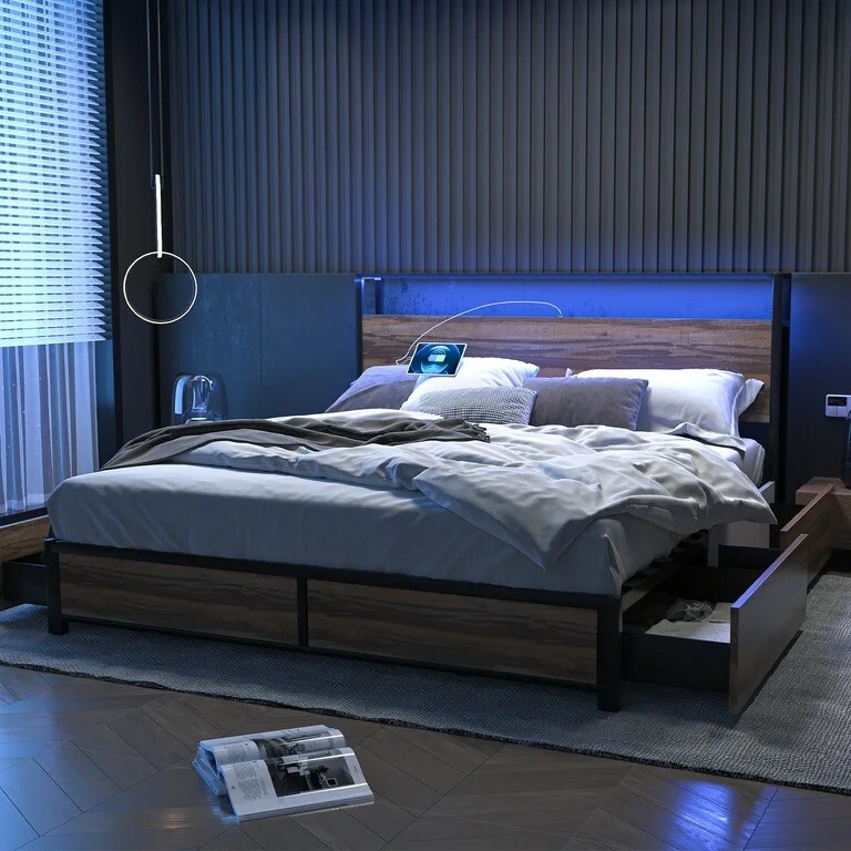 Queen Size Bed Frame with Modern LED Lighting for Stylish Decor-image