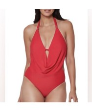 BAR III women  s Solid Cowlneck One-Piece Swimsuit in paradise pink red size M