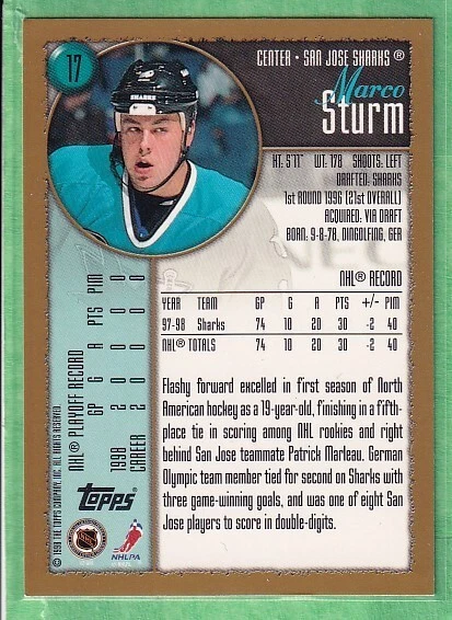 1998-99 Topps #17 Marco Sturm San Jose Sharks - Image 2 of 2