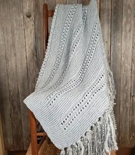 NEW Silver Gray Metallic Handmade Knitted Afghan Throw Hand Knit Gift Gifts