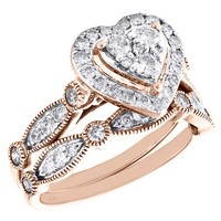 14K Rose Gold Heiligenschein Herz Verlobungsring + Ehering Braut Set 1 Karat