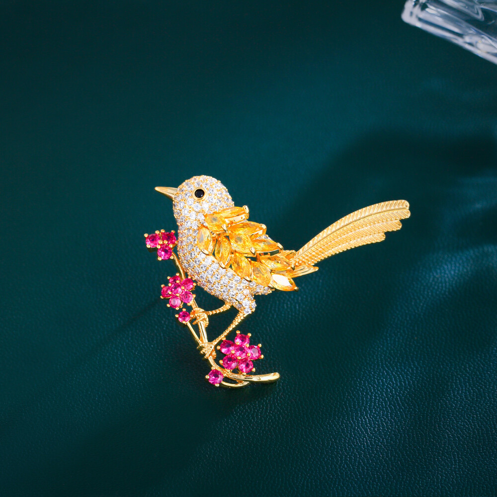 ピノ Women Cute Flower Bird Brooch Gold Plated Pin Cubic Zirconia