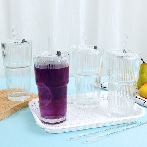4 Pcs Ribbed Glass Tumblers Stylish Ribbed Glass Cups with Lids and Glass AU~· - Picture 9 of 11