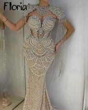 Two Pieces Dark Champagne Tassel Evening Dress Glitter Mermaid Formal Prom Dress