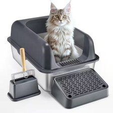 Cat Litter Box 6 In. Deep XL Extra-Large Stainless-Steel Cat Litter Box with Sco