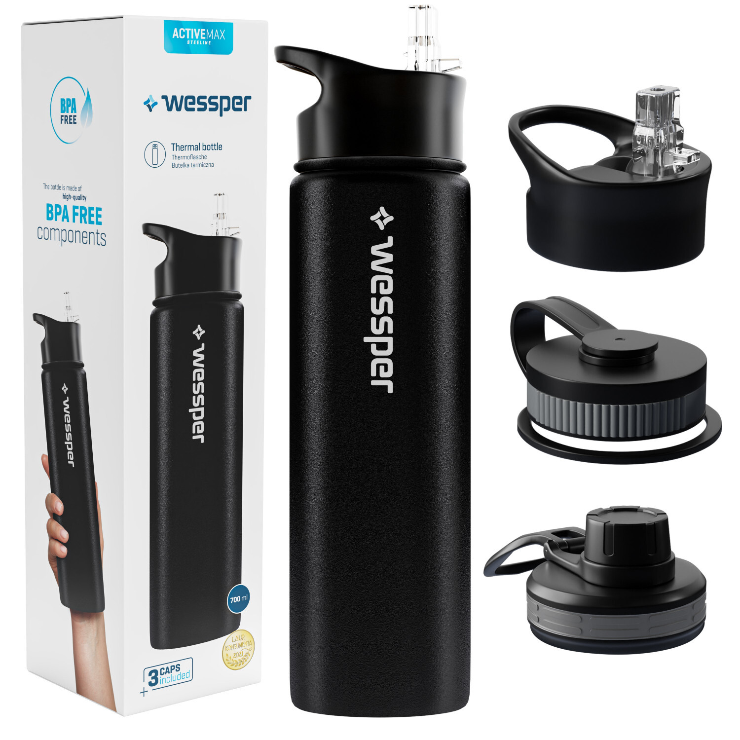 Wessper Edelstahl Trinkflasche 500ml - 3 Deckel, BPA-frei, Blau