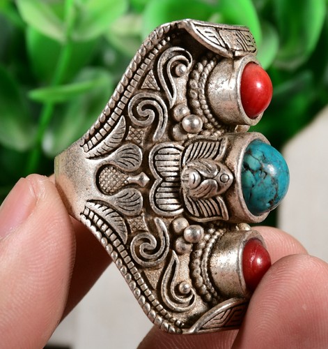4.5CM China Silver inlay Green Gem Fengshui Exorcism ring Fingerstall Jewelry - Picture 3 of 6