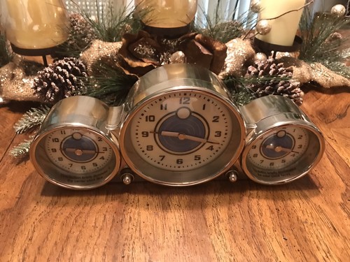 vintage art deco chrome 3 Time Zone Dashboard Light Up Pottery Barn Clock - Picture 6 of 6