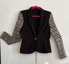 Medium Black Fitted Blazer With Collar, Button Closure And Unique Striped Sleeve
