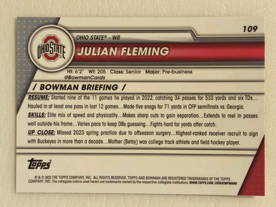 2023 Bowman University Chrome - Julian Fleming #109 Pink Refractor (RC) - Image 2 of 2