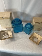 Lot Of 2 Vintage Blue Penny Candy Square Glass Jars 1lb & 2lb New Original Box