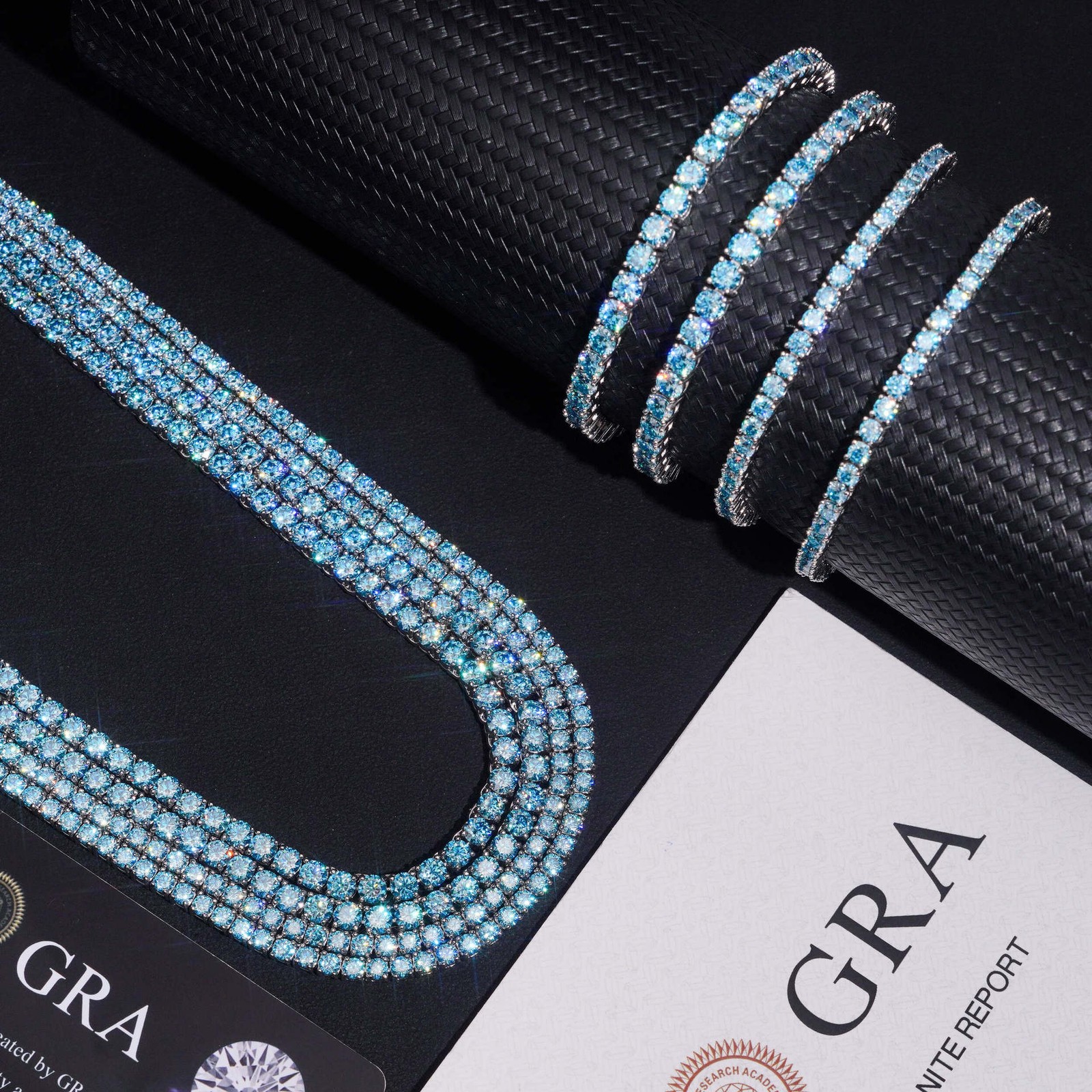 Blue VVS MOISSANITE Tennis Chain Necklace - 925 Sterling Silver - Men Women