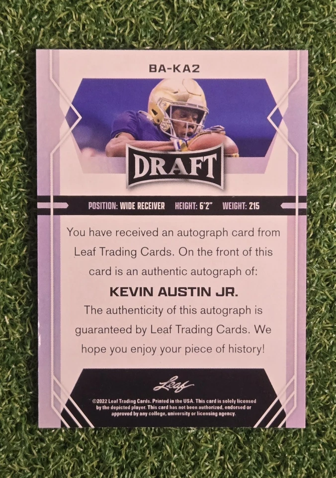2022 Leaf Draft Auto Kevin Austin Jr RC #BA-KA2 Notre Dame Saints ⚜️ - Image 2 of 2