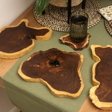Set Of 2 Teak Root Slice Placemats 20-25cm Carved Wood Smooth Kitchen Table Mats