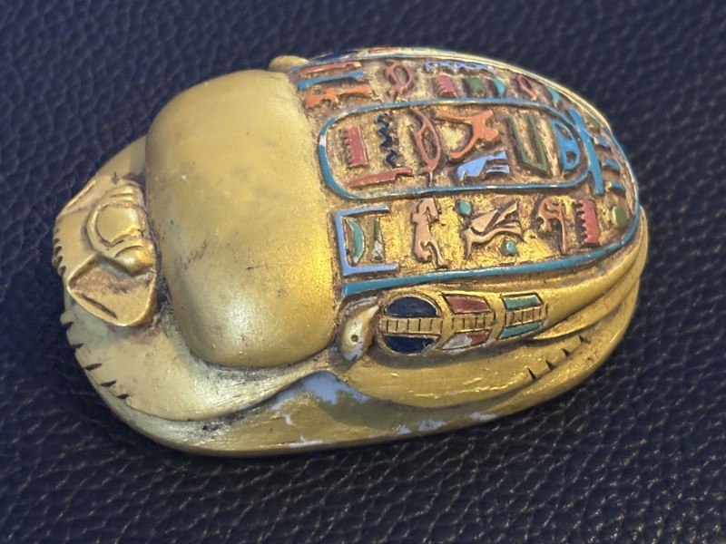 Egyptian Scarab Beetle Figurine Decor with Painted Hieroglyphics, Gold Tone