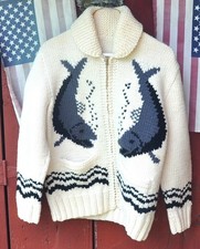 Vintage 1950s/60s White with Fish Whale Cowichan Sweater. Zipper Small