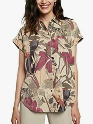 Desigual Safari Button Up Shirt Women s Large Pink and Cream Floral Print Top