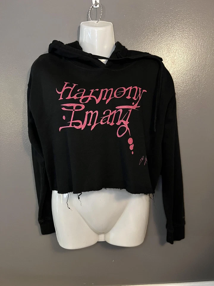 Harmony Emani Hoodie Womens Small Black Cropped Distressed Streetwear Graphic - Image 2 of 4