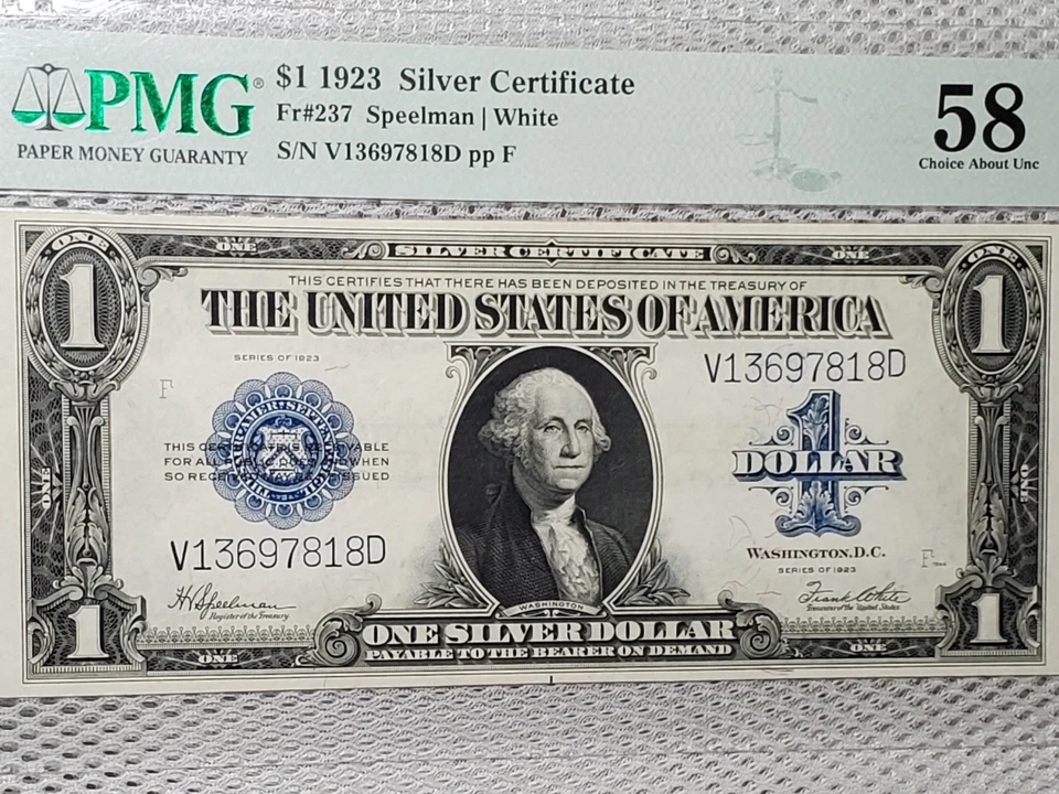 1923 $1 Silver Certificate Horse Blanket Blue Seal Large Size V-D Block PMG 58  - Image 3 of 4