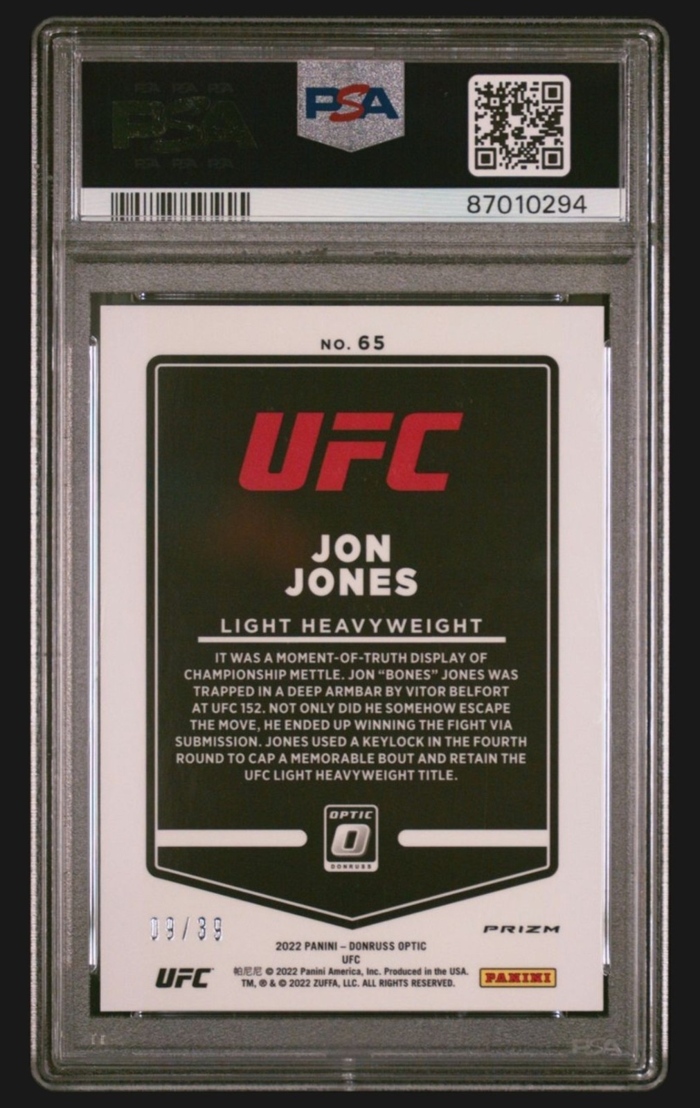 2022 Panini Donruss Optic UFC Jon Jones Black Velocity Prizm /39 PSA 10 view 2