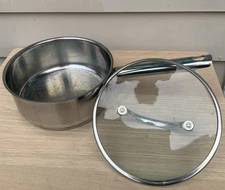 Vintage JC Penney Saffron NICE Stainless Steel 2 Qt Cooking Pot With Glass Lid