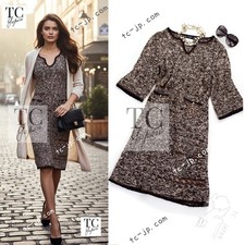 CHANEL 11S Brown Orange Navy CC Logo Knit Dress Stretchable Comfy 34 38 US2 6