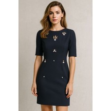 Eliza J Dress Womens 10 Rhinestone Embellished Stretch Knit Zip Career Navy Blue