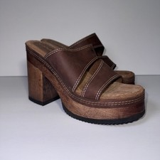 Candie's Wooden Chunky Heel Slide Open Toe Platform Brown VTG Size 7 Y2K Boho