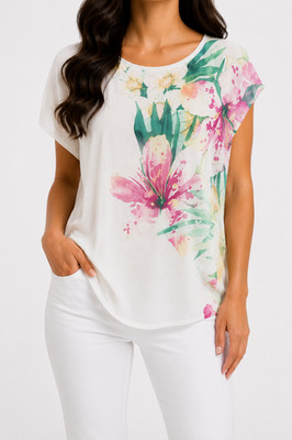 Shirt More and More Weiß 40 L Damen Oberteil Bunte Blumen Sommer Np 59 Neu