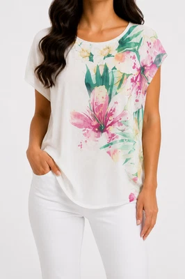 Shirt More and More Weiß 40 L Damen Oberteil Bunte Blumen Sommer Np 59 Neu - Bild 1 von 4