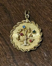 RARE HVY VINTAGE SUNBURST FAMILY TREE Of LIFE 14K GOLD ROPE TWIST CHARM PENDANT