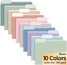 File Folders Letter Size 10 Pastel Colors, 100 Pack Manilla Folders 8.5 X 11 1/3