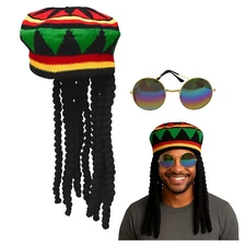 Rasta Hat with Black Dreadlocks Wig Crochet Beanie Cap Hippie Costume Accessory