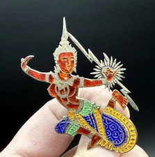 Vintage SIAM Sterling Silver Hindu Niello Dancer Colorful Enamel Brooch Pin 2.5"