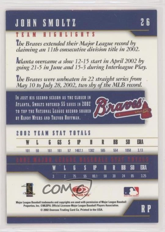 2003 Donruss Team Heroes Stat Line /85 John Smoltz #26 HOF - Image 2 of 2