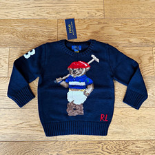 Polo Ralph Lauren Bear Golf Boys Navy Knit Pullover Crewneck Cotton Sweater 7