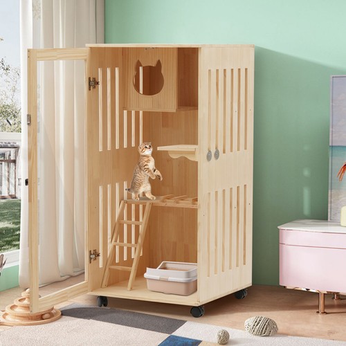 Wooden Large Indoor Cat Enclosure Catio Cage with Ramp and Covered Cat House Kit