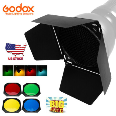 US Godox BD-04 Barn Door Honeycomb Grid + 4 Color Filters For Standard Reflector