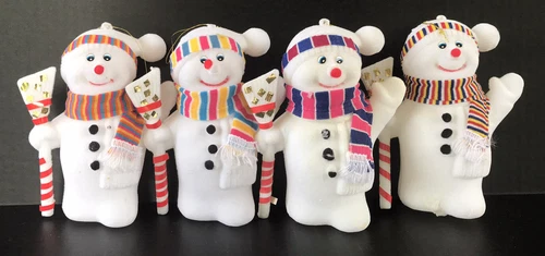 Vintage Christmas Ornaments Snowman Flocked 6” Set Of 4