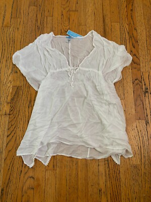 Draper James RSVP Swim Suit Cover Up White Tied Waist Deep V Neck Ball Trim SM