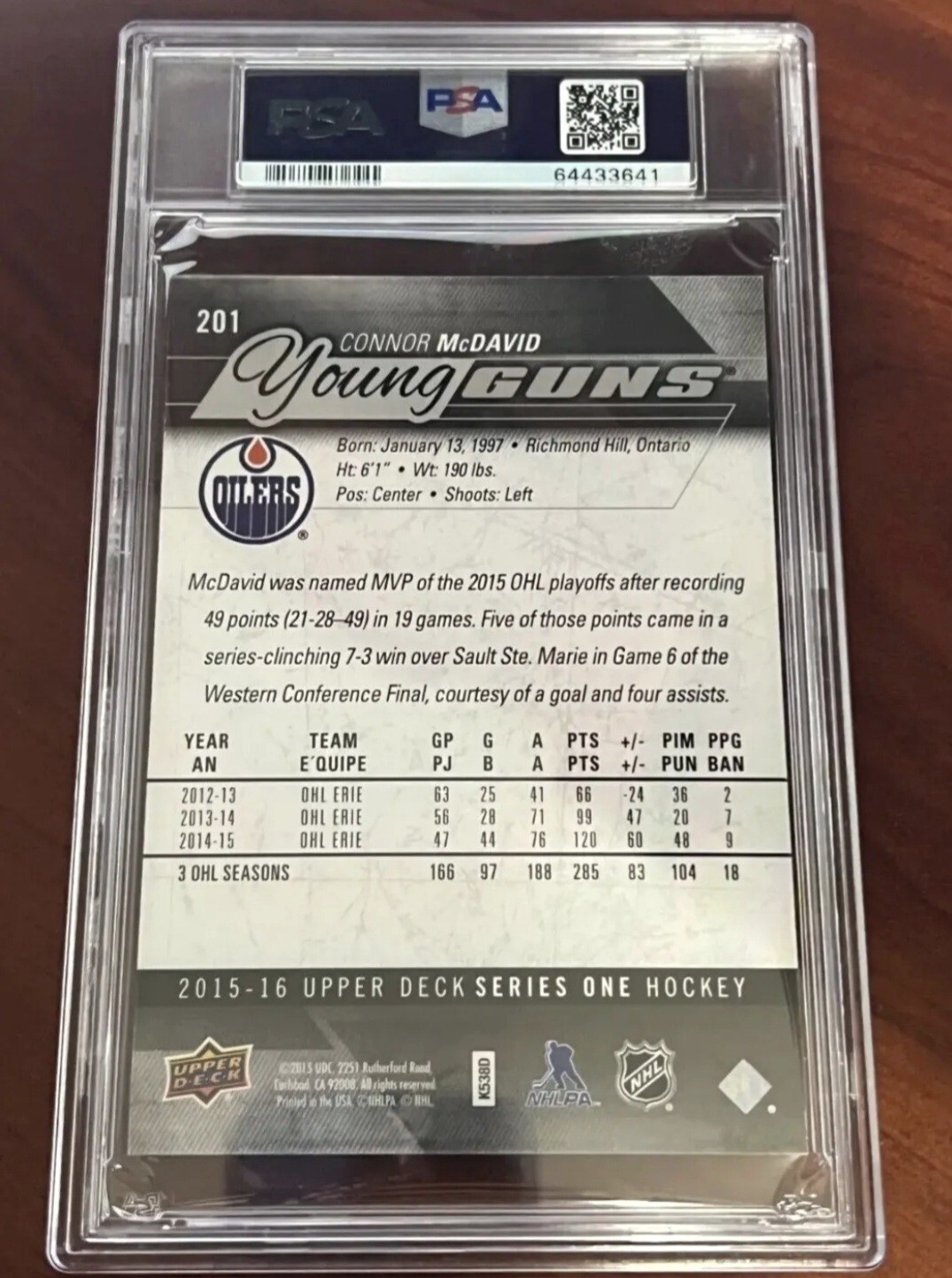 Connor McDavid Upper Deck Young Guns JUMBO RC #201 PSA 7 Oilers view 2